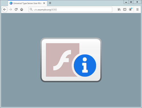 A Mozilla Firefox page showing the generic Adobe Flash Player thumbnail when trying to access UTS Users and Workgroups Administration application