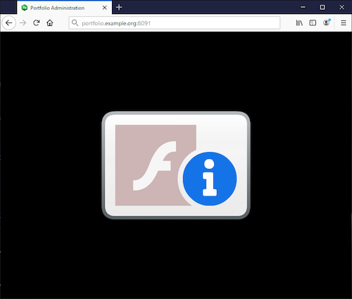 A Mozilla Firefox page showing the generic Adobe Flash Player thumbnail when trying to access Portfolio Administration