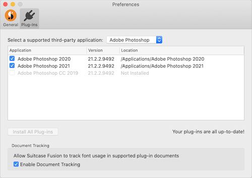 The plug-in preferences showing the Photoshop CC 2021 plug-in is now installed for Mac