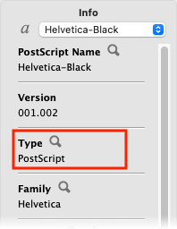 An info panel for Helvetica-Black in Universal Type Client 7 for Mac with the font type highlighted
