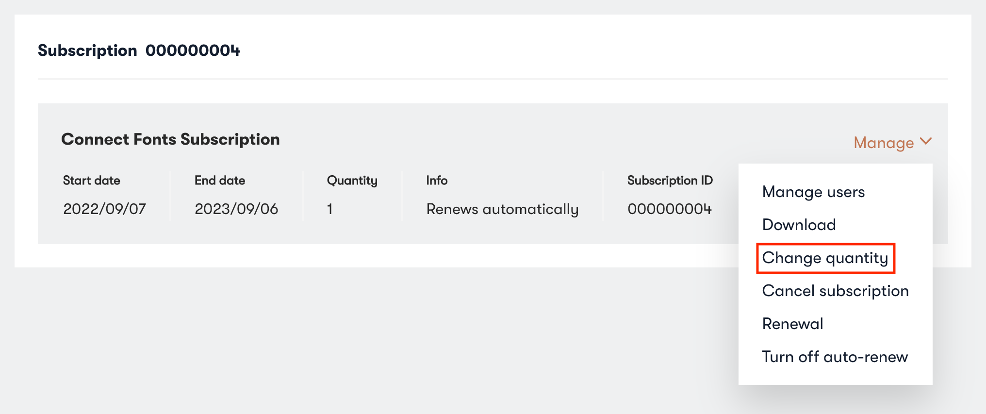 The Connect Fonts subscription with the 'Change quantity' link highlighted
