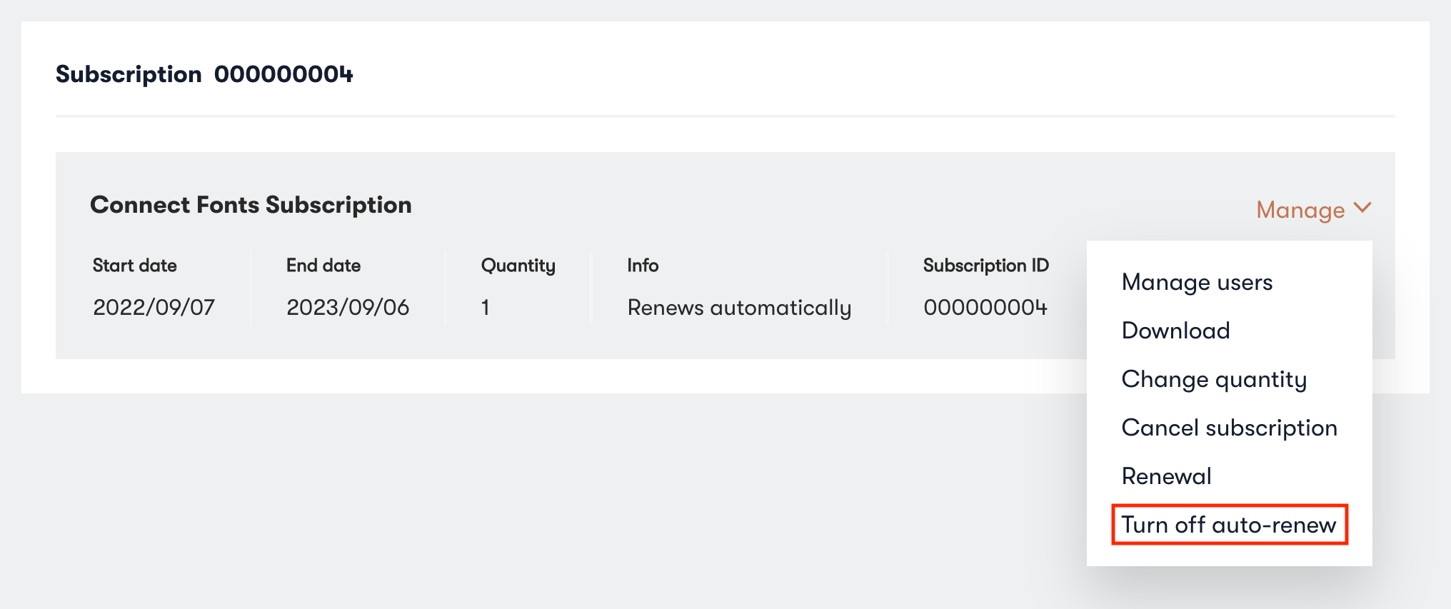 The Connect Fonts subscription with the 'Turn off auto-renew' link highlighted