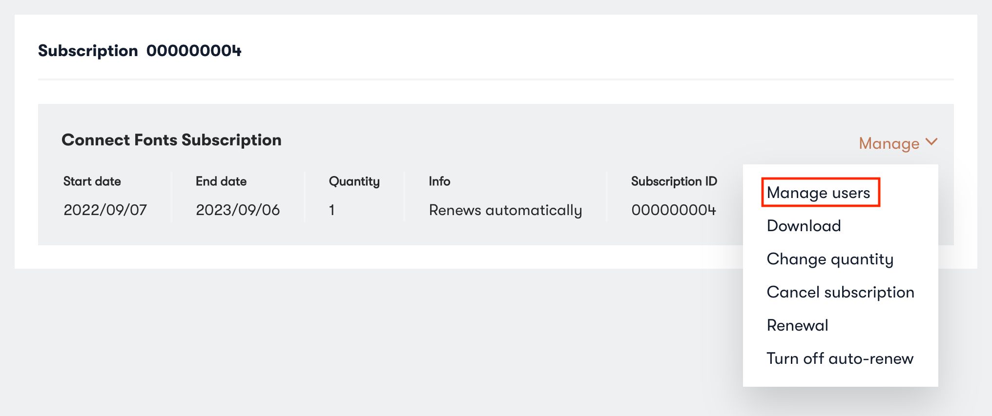 The Connect Fonts subscription with the 'Manage users' link highlighted