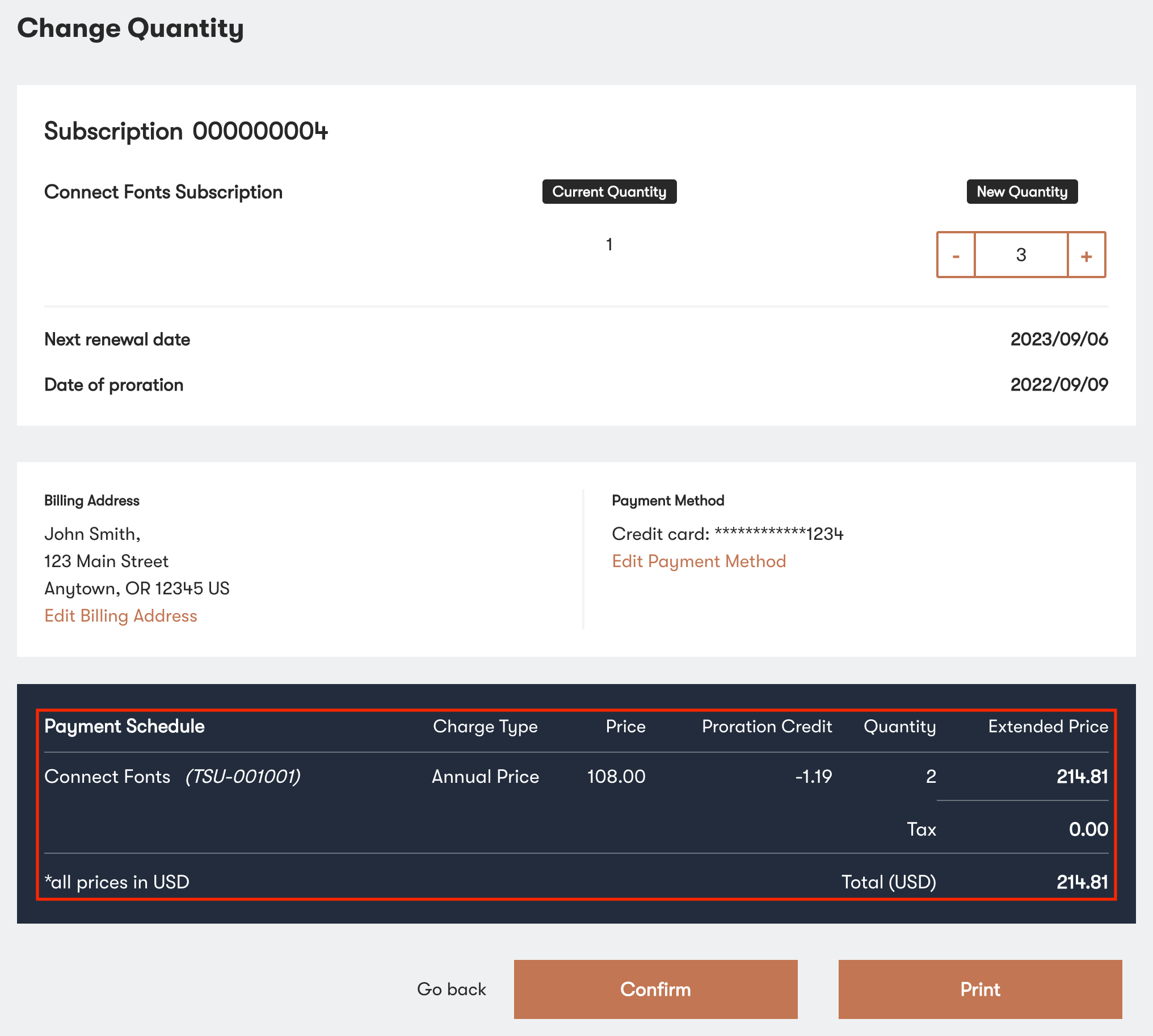 The Change Quantity page with the seat count price highlighted