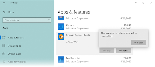 The confirmation popup for uninstalling Connect Fonts for Windows