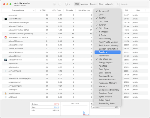An Activity Monitor window with the column dropdown menu open