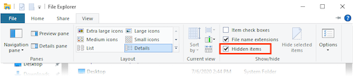 The annotated checkbox for hidden files in File Explorer
