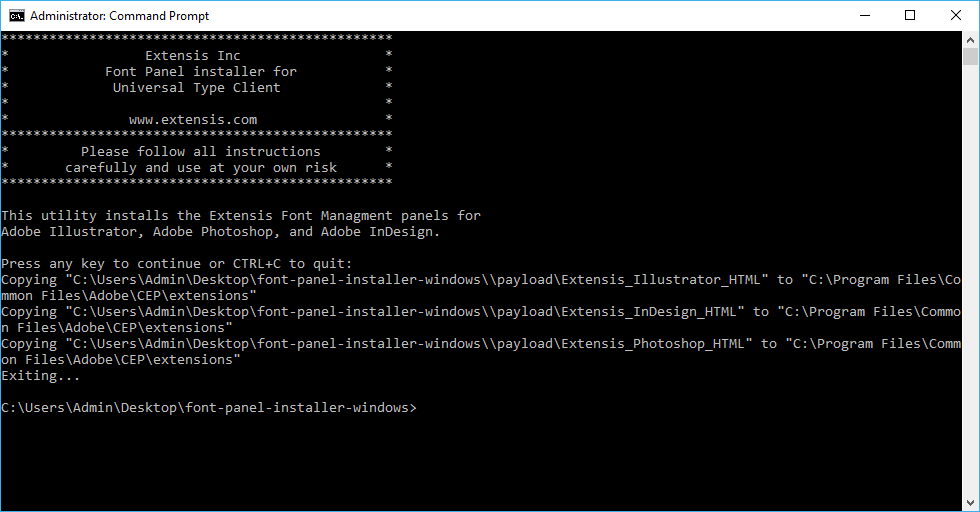 Output of the panel installer script for Windows