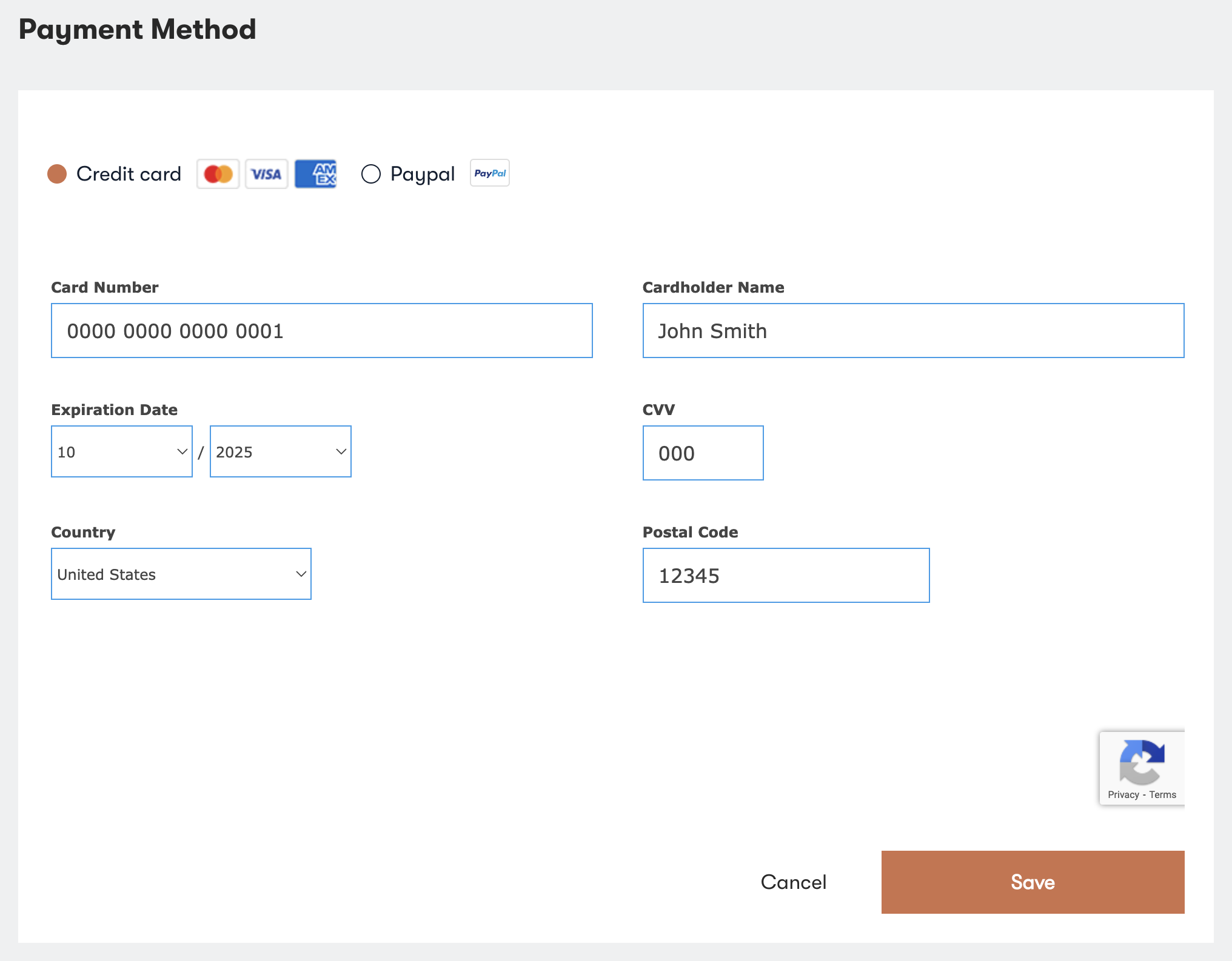 The credit card details page