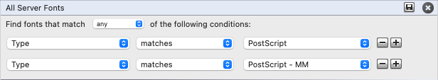 A sample search for Type 1 fonts in Universal Type Client 7 for Mac