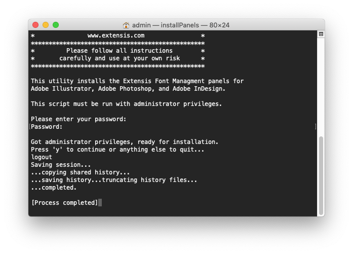 Output of the panel installer script for Mac OS