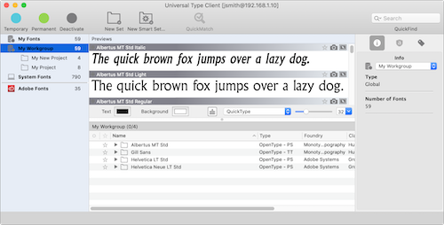 The main window of Universal Type Client for Mac