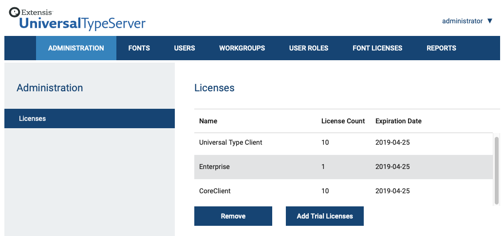 The Licenses panel of Universal Type Server showing the number of days remaining in the demo period