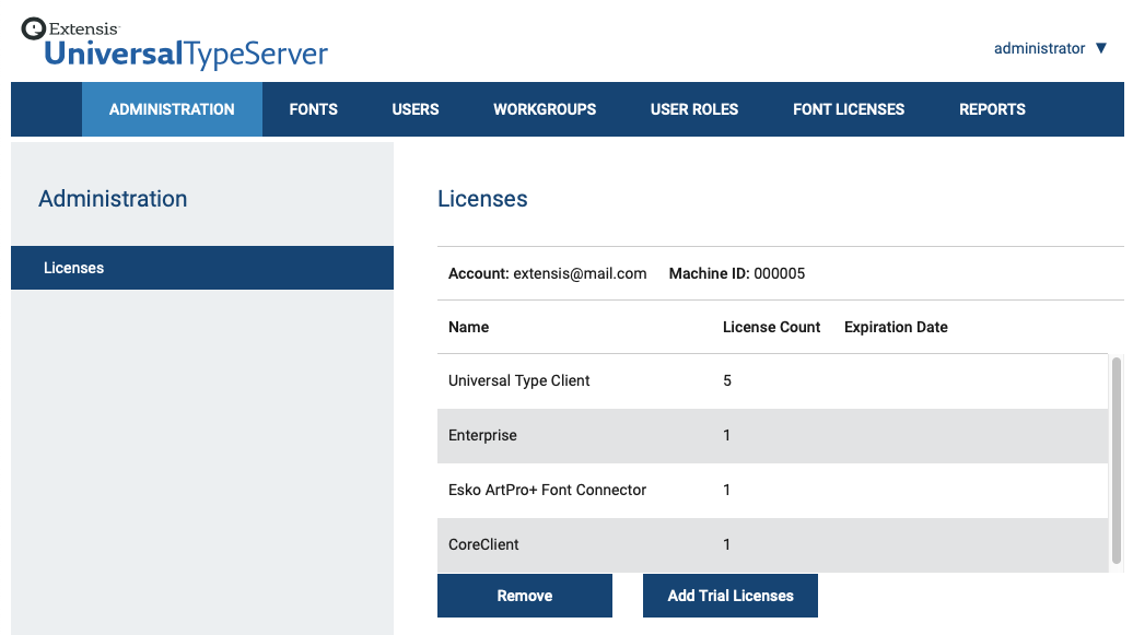 The License Options pane of Universal Type Server showing which features have been activated