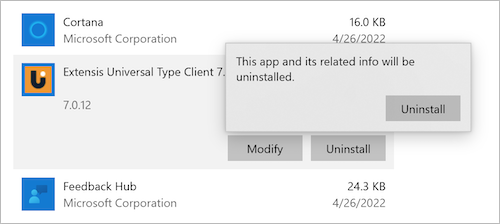 The confirmation popup for uninstalling Universal Type Client for Windows