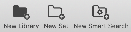 The New Library, New Set, and New Smart Search buttons on the Suitcase Fusion toolbar for Mac