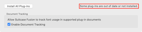 The plug-in preferences showing updates are needed in Suitcase Fusion for Mac