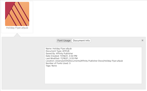 The Document Info tab in Suitcase Fusion for Mac