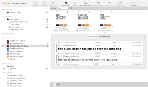 The document tracking view in Suitcase Fusion for Mac