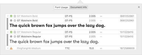 The document tracking view in Suitcase Fusion for Mac
