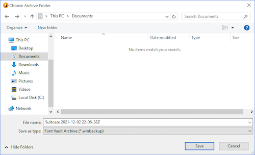 The basic save dialog in Suitcase Fusion for Windows showing the archive filename and Documents folder