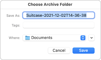 The basic save dialog in Suitcase Fusion for Mac showing the archive filename and Documents folder in macOS 11