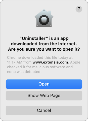 The warning dialog that Uninstaller for macOS was scanned for malicious software