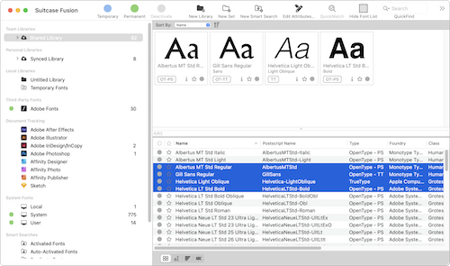 Screenshot of font list in Suitcase Fusion for Mac