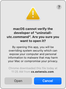 A macOS warning dialog with Open and Cancel buttons