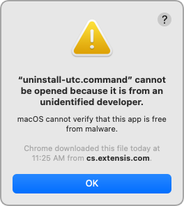 A macOS warning dialog with an OK button