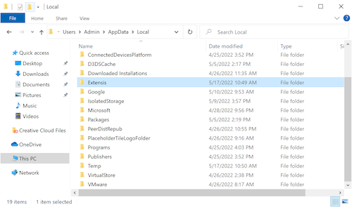 The local subfolder of the AppData folder, with the font vault folder highlighted