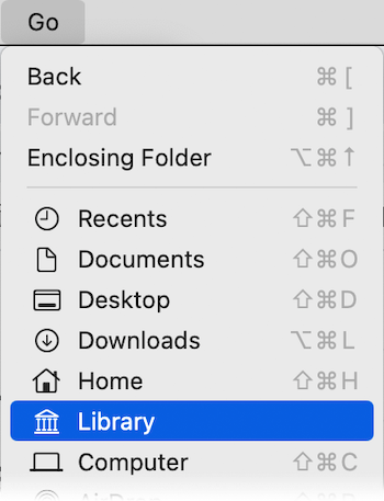 The Library menu option in the Go menu is highlighted