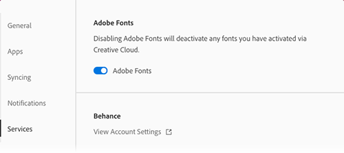 The Services panel in Adobe Creative Cloud for Mac