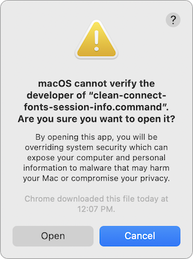 An alternate macOS dialog warning that the script can't be opened, with an Open button