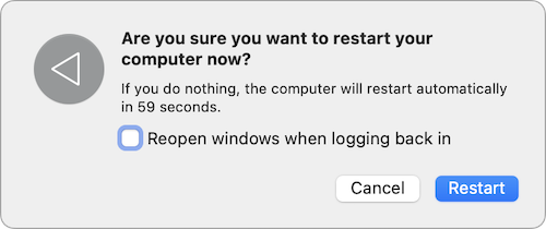 The restart dialog, with 'Reopen windows when logging back in' unchecked