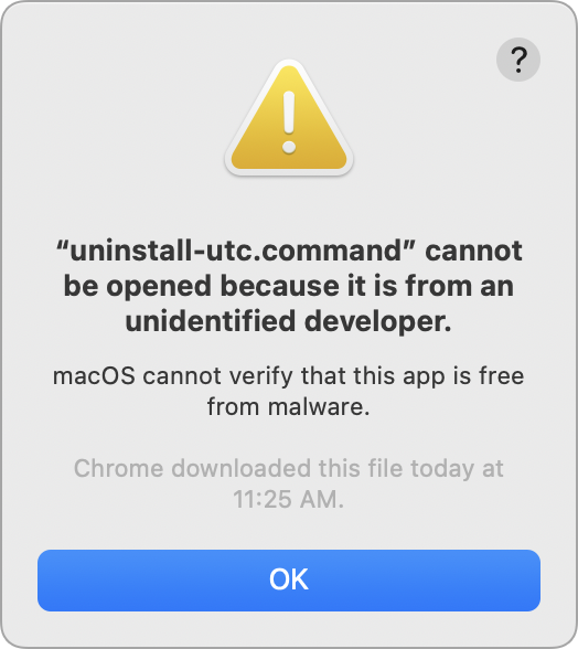 A macOS warning dialog with an OK button