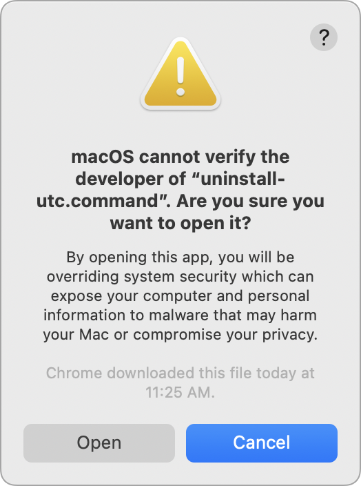 A macOS warning dialog with Open and Cancel buttons