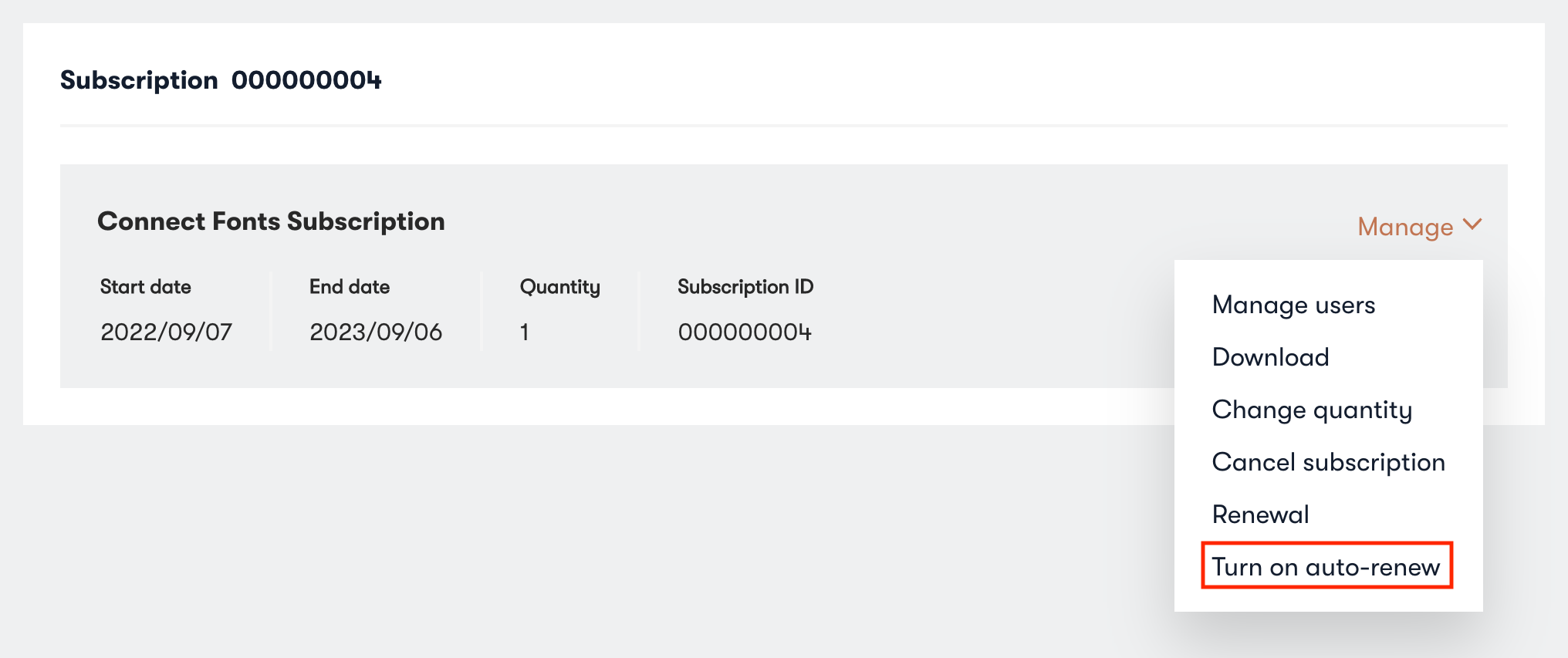 The Connect Fonts subscription with the 'Turn on auto-renew' link highlighted
