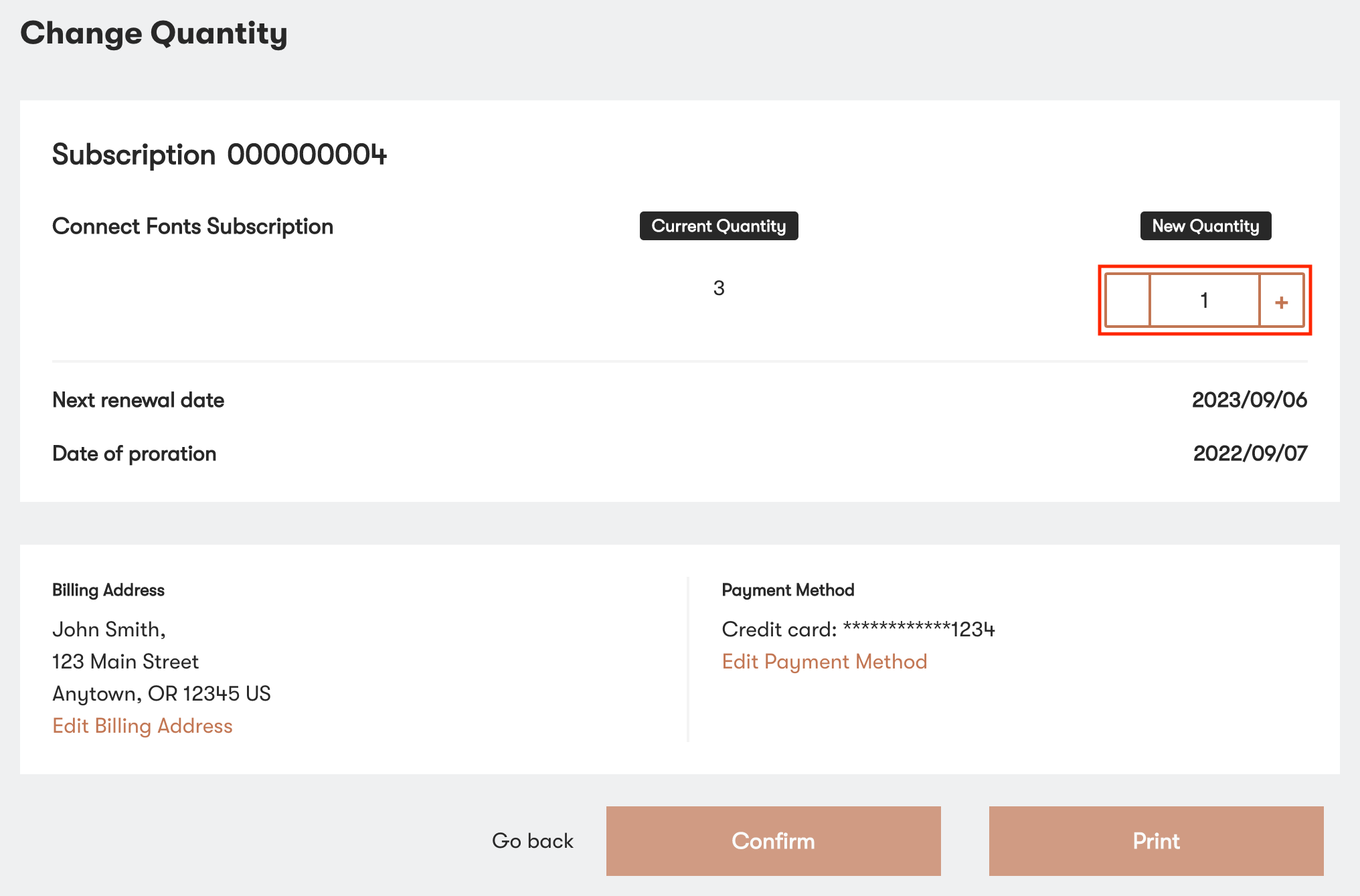The Change Quantity page with the controls highlighted