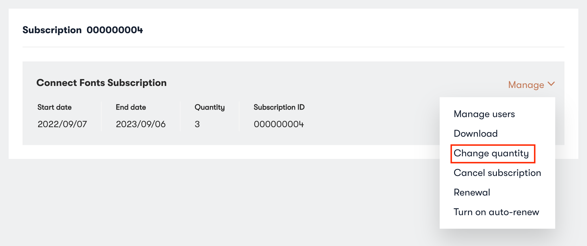 The Connect Fonts subscription with the 'Change quantity' link highlighted
