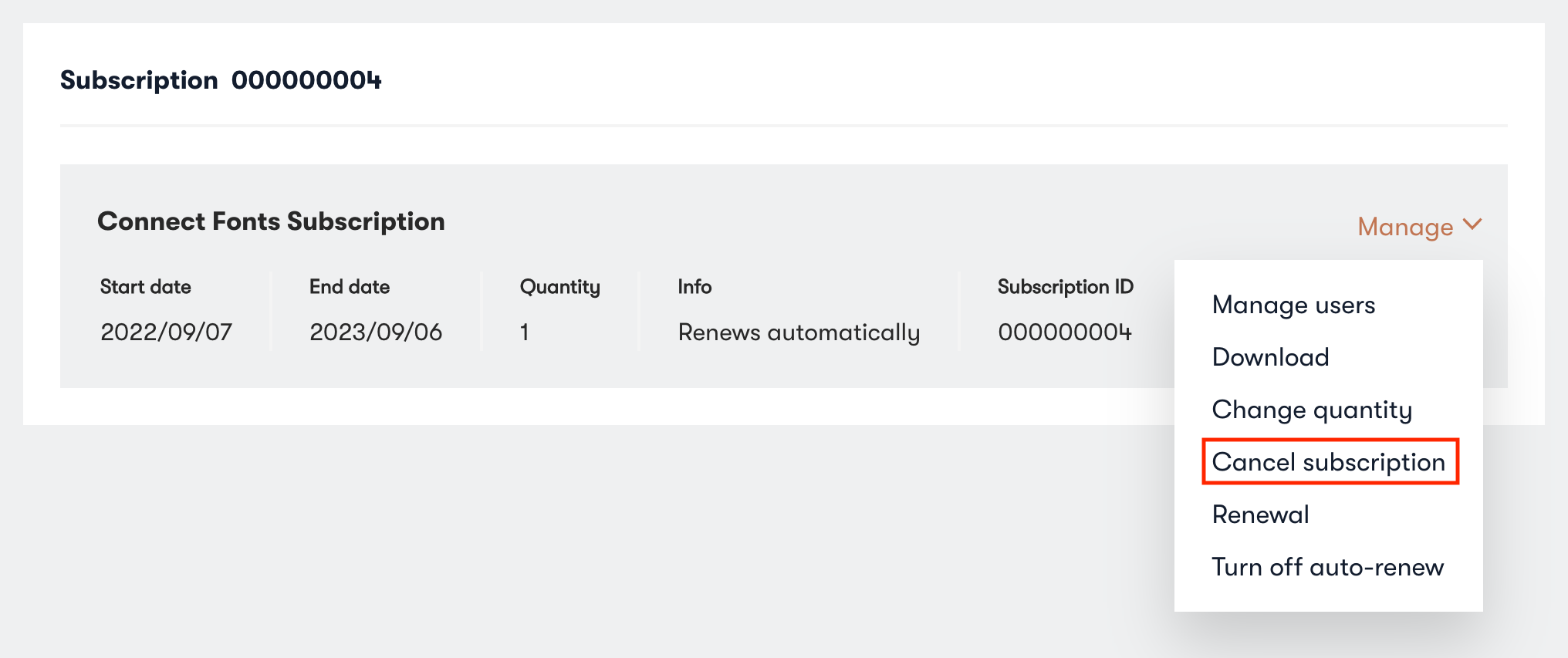 Ein Connect Fonts-Abonnement mit hervorgehobenem Link zum Kündigen des Abonnements