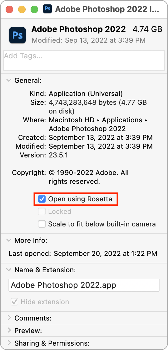 The Info panel for Adobe Photoshop 2022 with 'Open using Rosetta' checked
