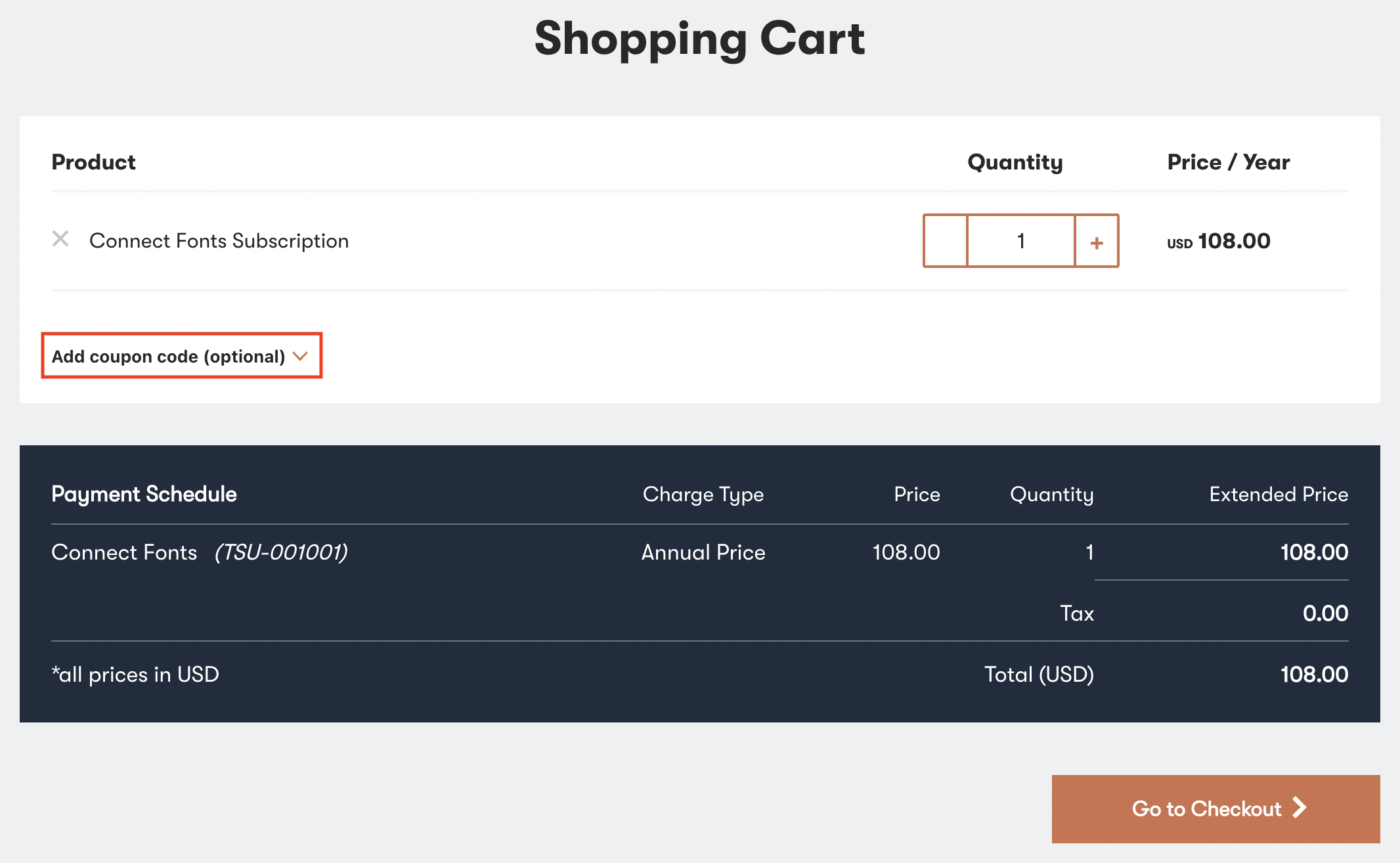 A shopping cart page with the 'Add coupon code' link highlighted