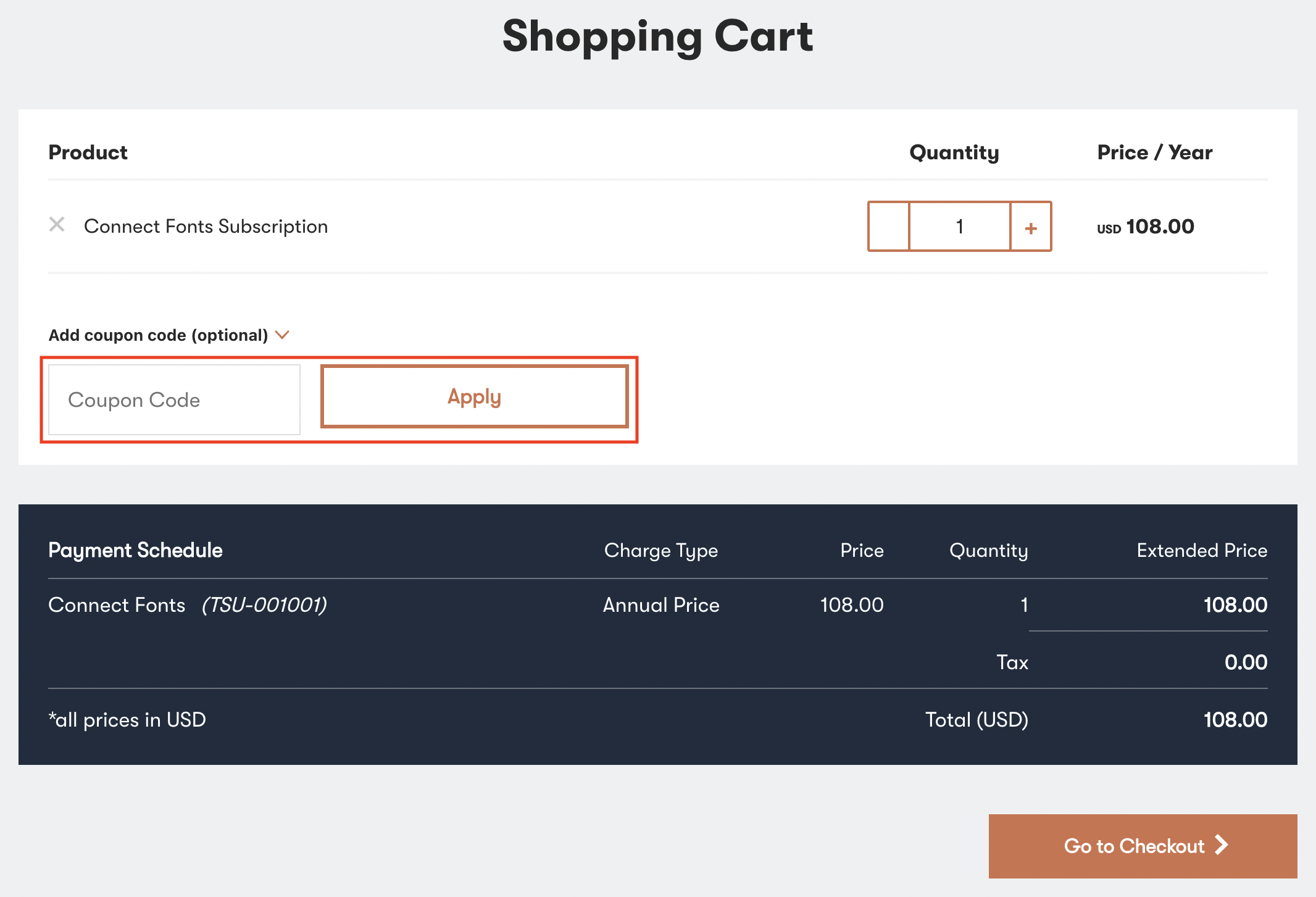 A shopping cart page with the Coupon Code field and Apply button highlighted